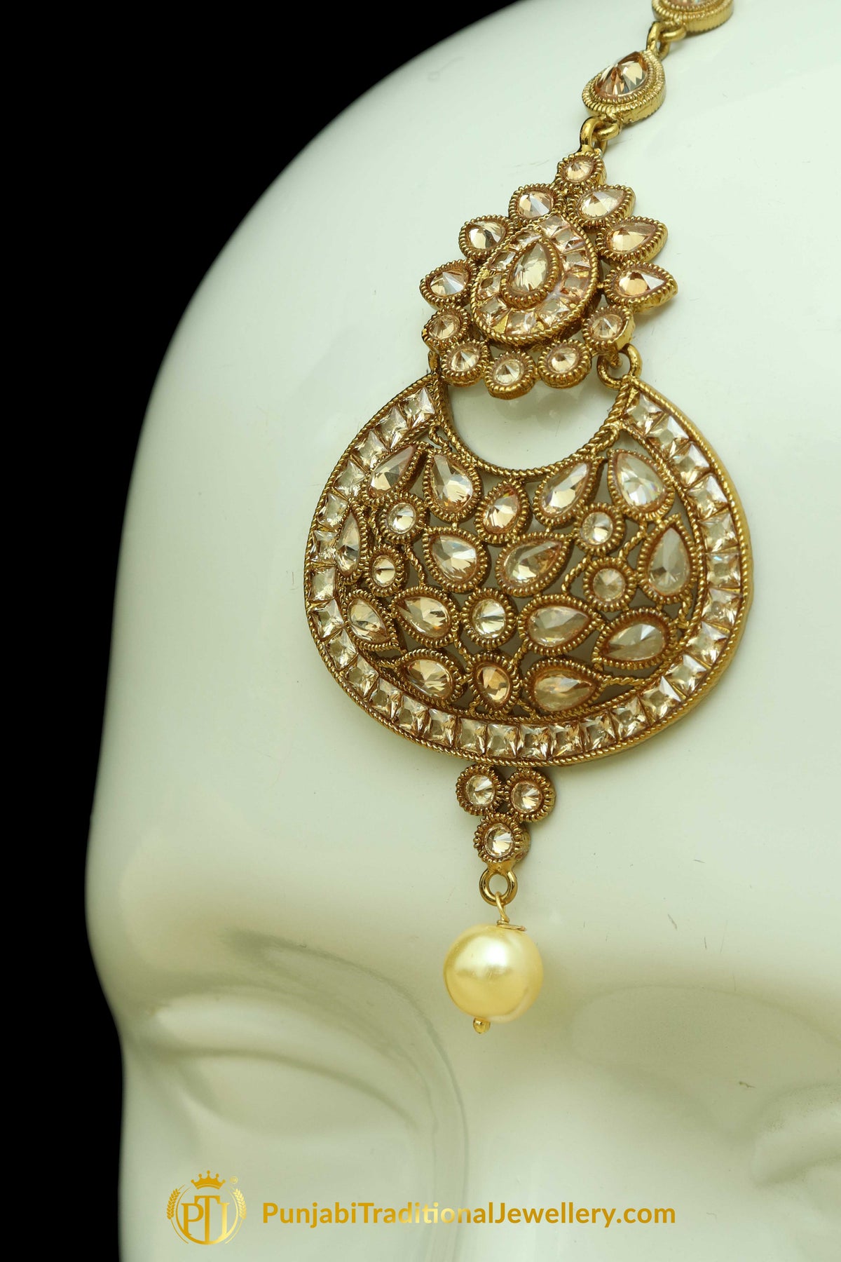 Golden Polki Pearl Earrings Tikka Set By Punjabi Traditional Jewellery