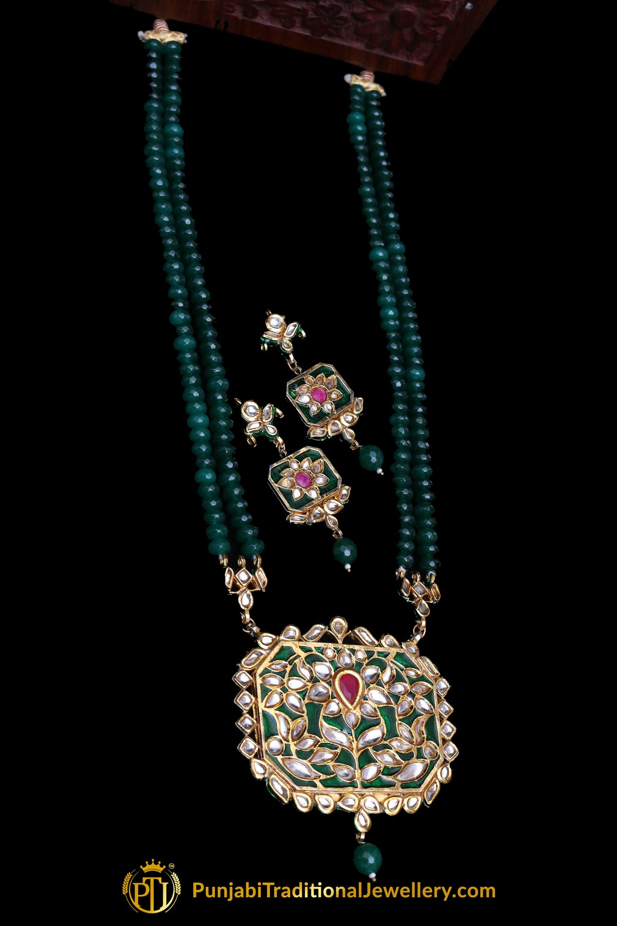 Green Red Kundan Meena Necklace Set By Punjabi Traditional Jewellery