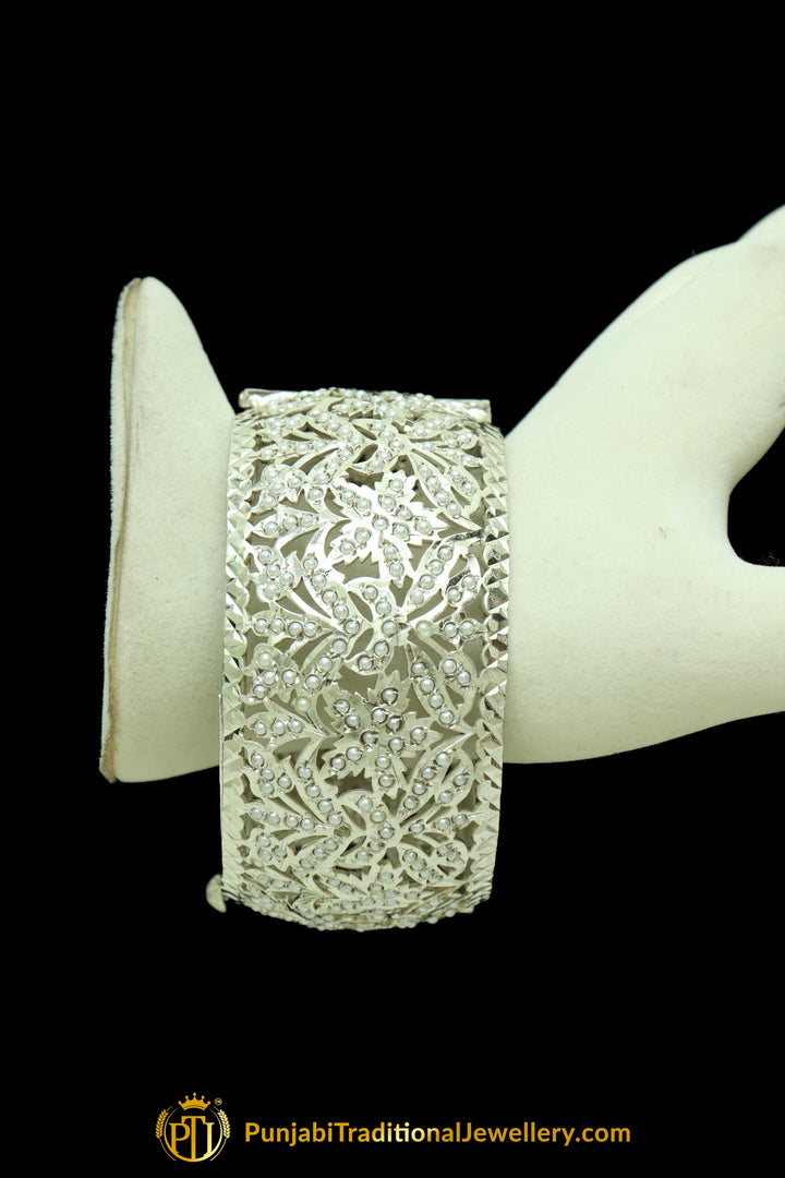 Silver Finished Pearl Jadau Free Karra Bangles (Pair) By Punjabi Traditional Jewellery