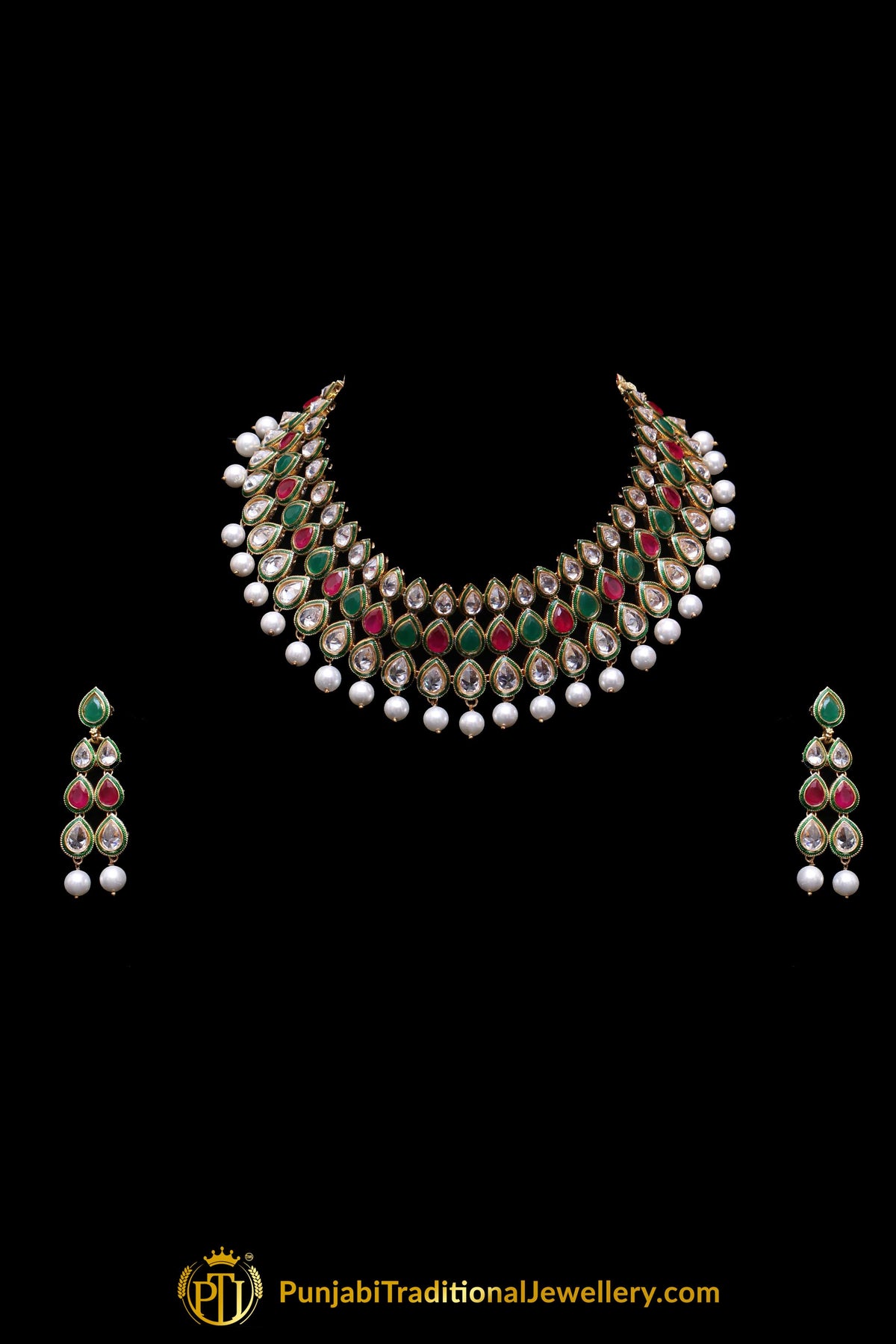 Green Red Pearl Kundan Necklace Set By Punjabi Traditional Jewellery