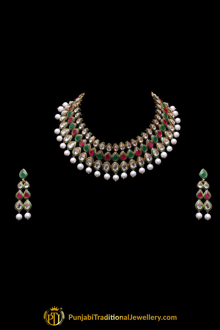 Green Red Pearl Kundan Necklace Set By Punjabi Traditional Jewellery