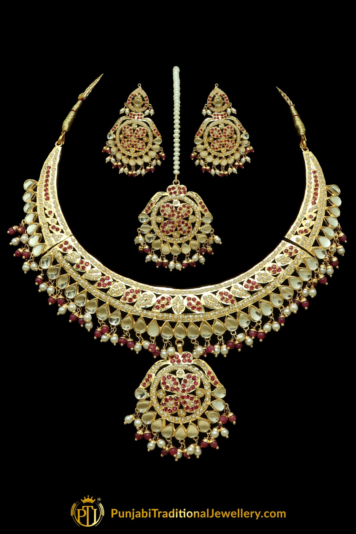 Red Kundan Jadau Necklace Set By Punjabi Traditional Jewellery