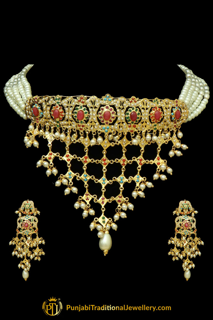 Multi Jadau Choker Necklace Set By Punjabi Traditional Jewellery