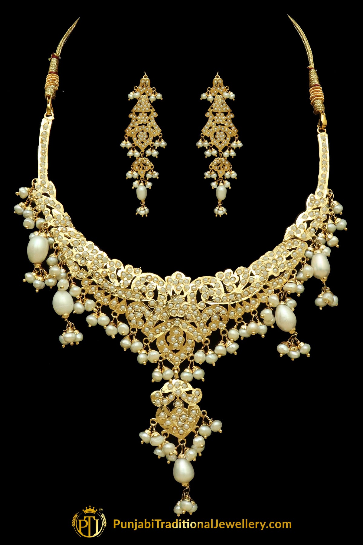 Golden Jadau Pearl Necklace Set By Punjabi Traditional Jewellery