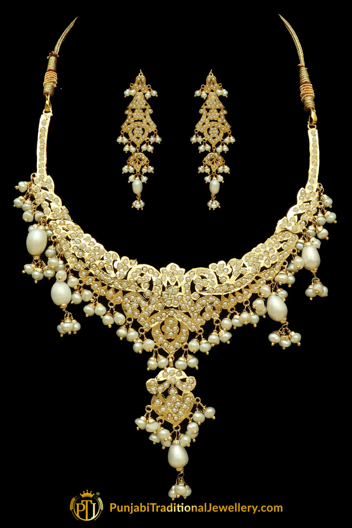 Golden Jadau Pearl Necklace Set By Punjabi Traditional Jewellery