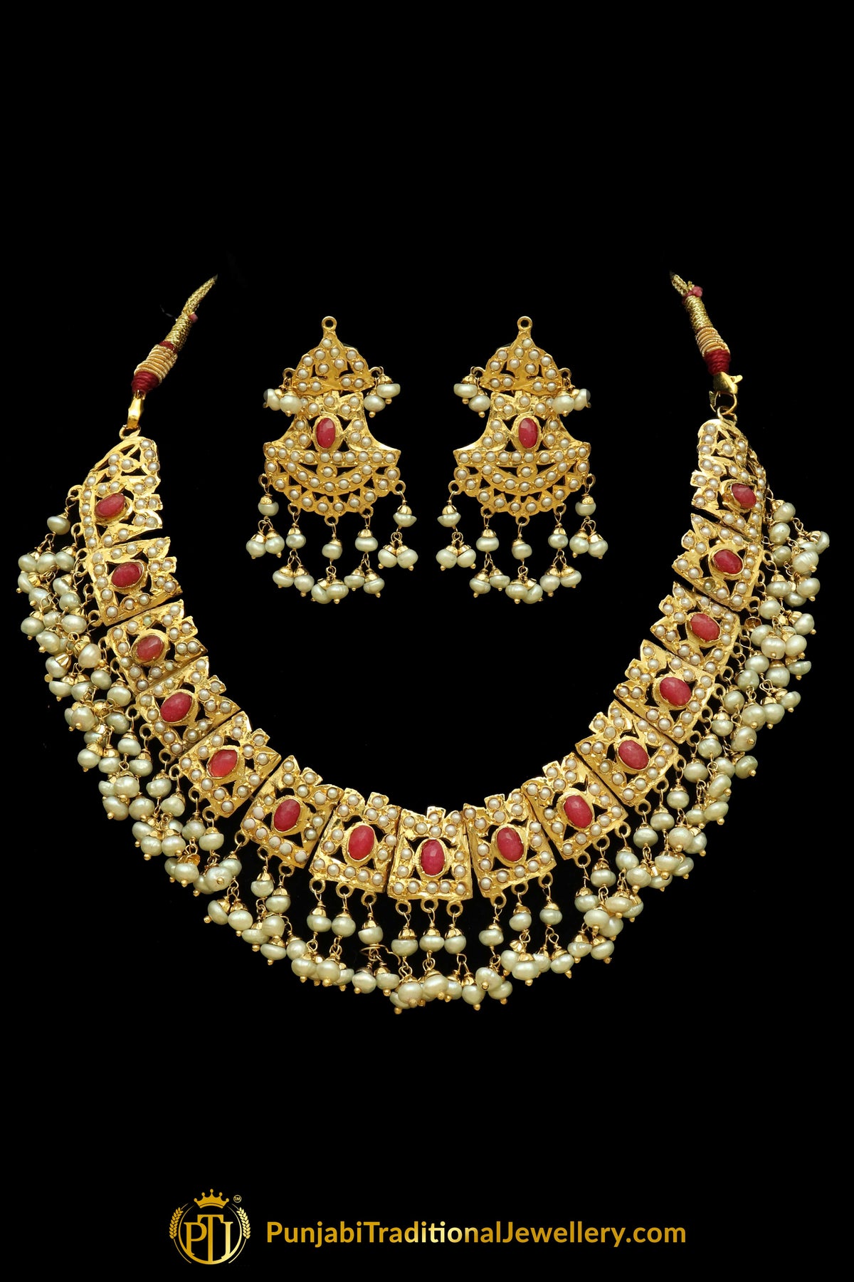 Red Jadau Pearl Necklace Set By Punjabi Traditional Jewellery
