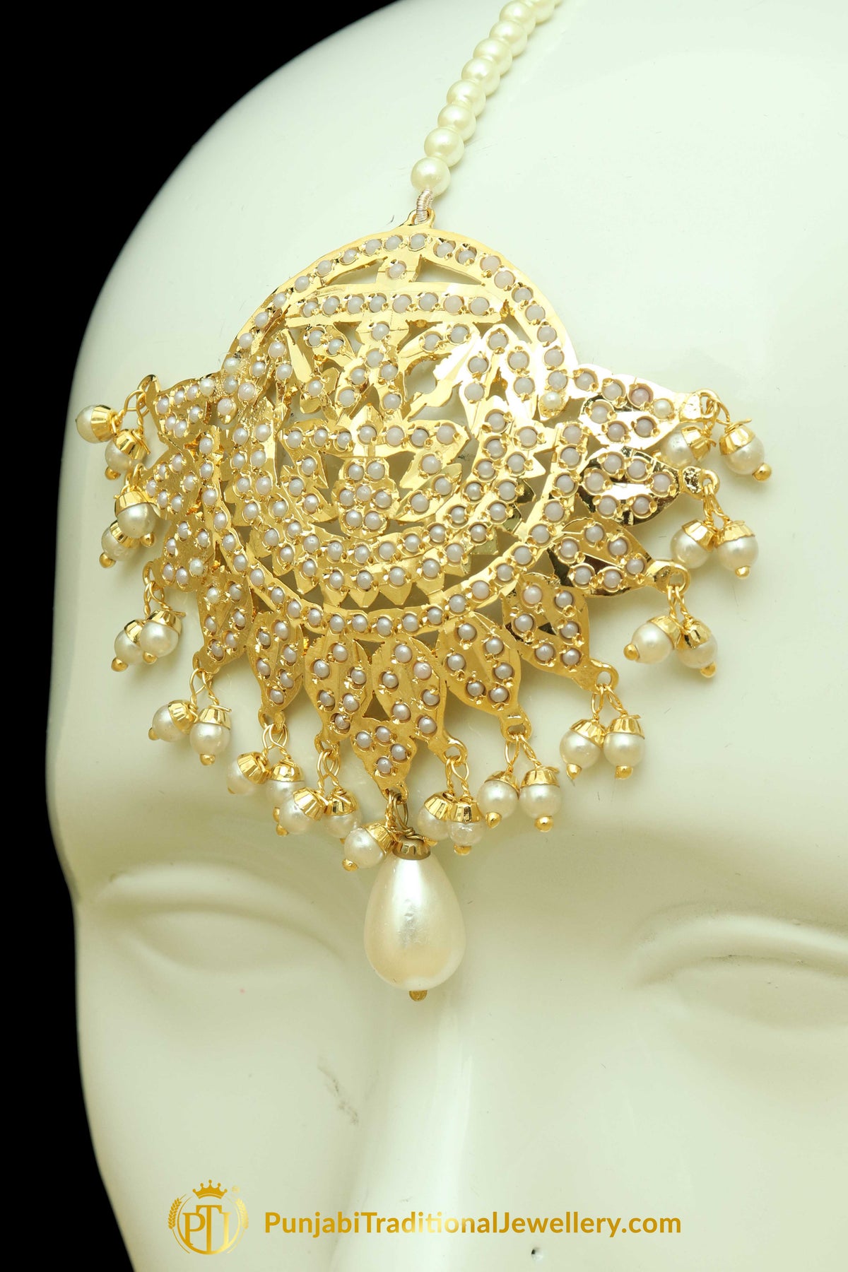 Golden Jadau Pearl Earring Tikka Set By Punjabi Traditional Jewellery