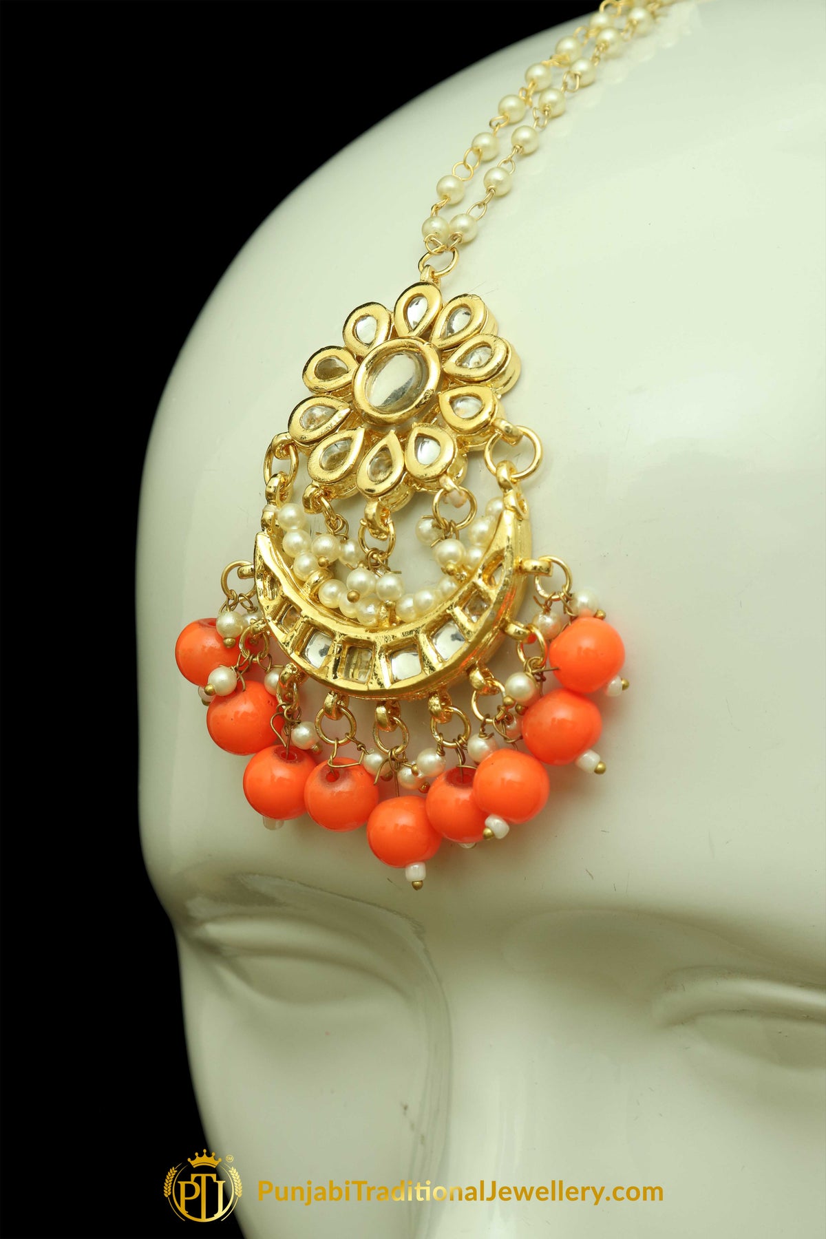 Orange Kundan Earring Tikka Set By Punjabi Traditional Jewellery