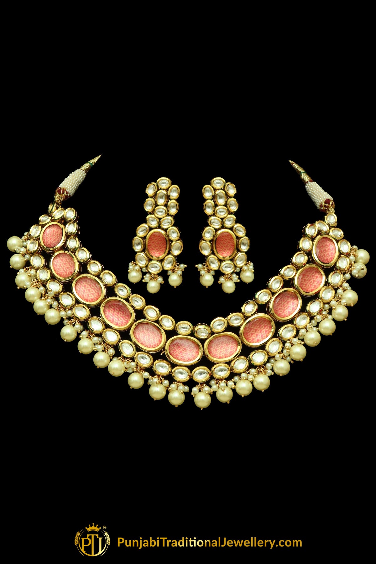 Orange Pearl & Kundan Necklace Set By Punjabi Traditional Jewellery
