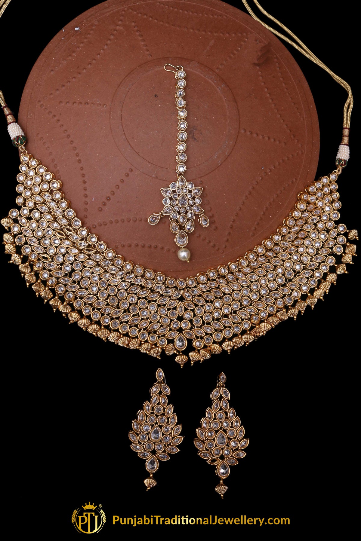 Pearl Polki Antique Gold Necklace Set By Punjabi Taditional Jewellery