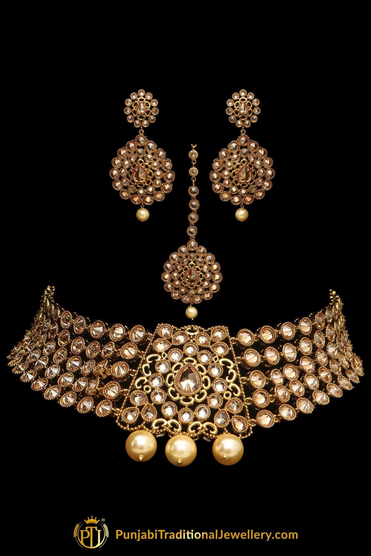 Champagne Stone Pearl Necklace Set By Punjabi Taditional Jewellery