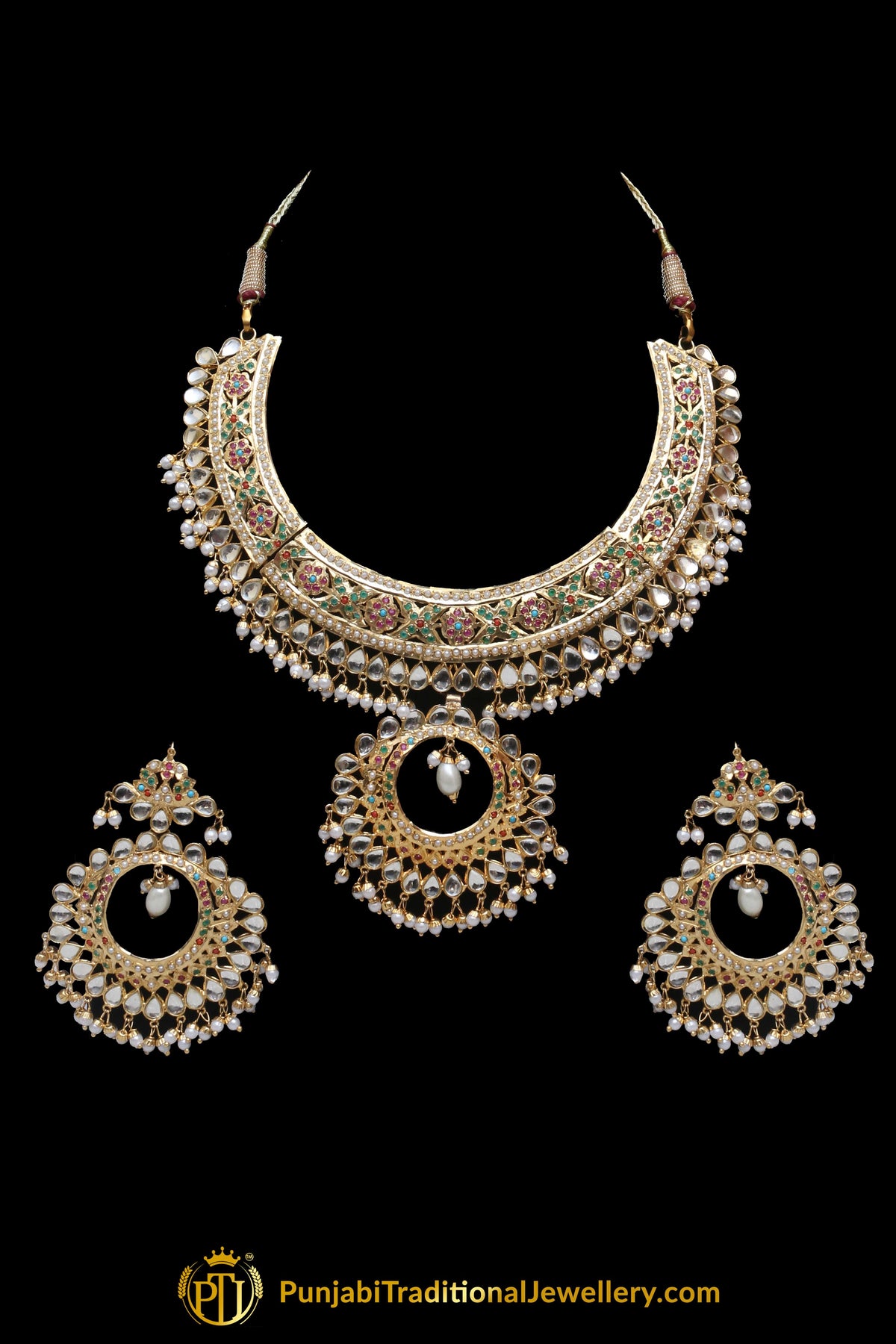Multi Jadau Pearl Kundan Necklace Set By Punjabi Traditional Jewellery