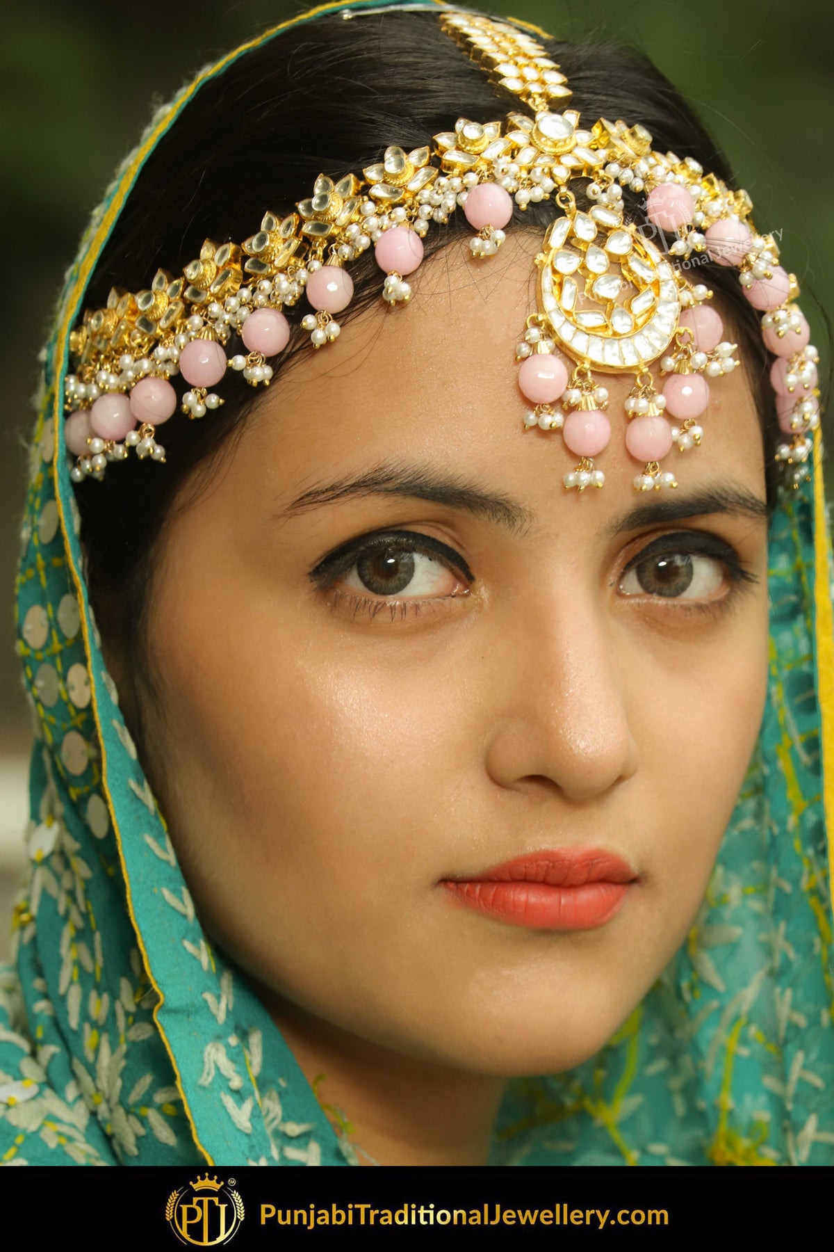 Gold Finished Kundan Peach Pearl Matha Patti | Punjabi Traditional Jewellery Exclusive