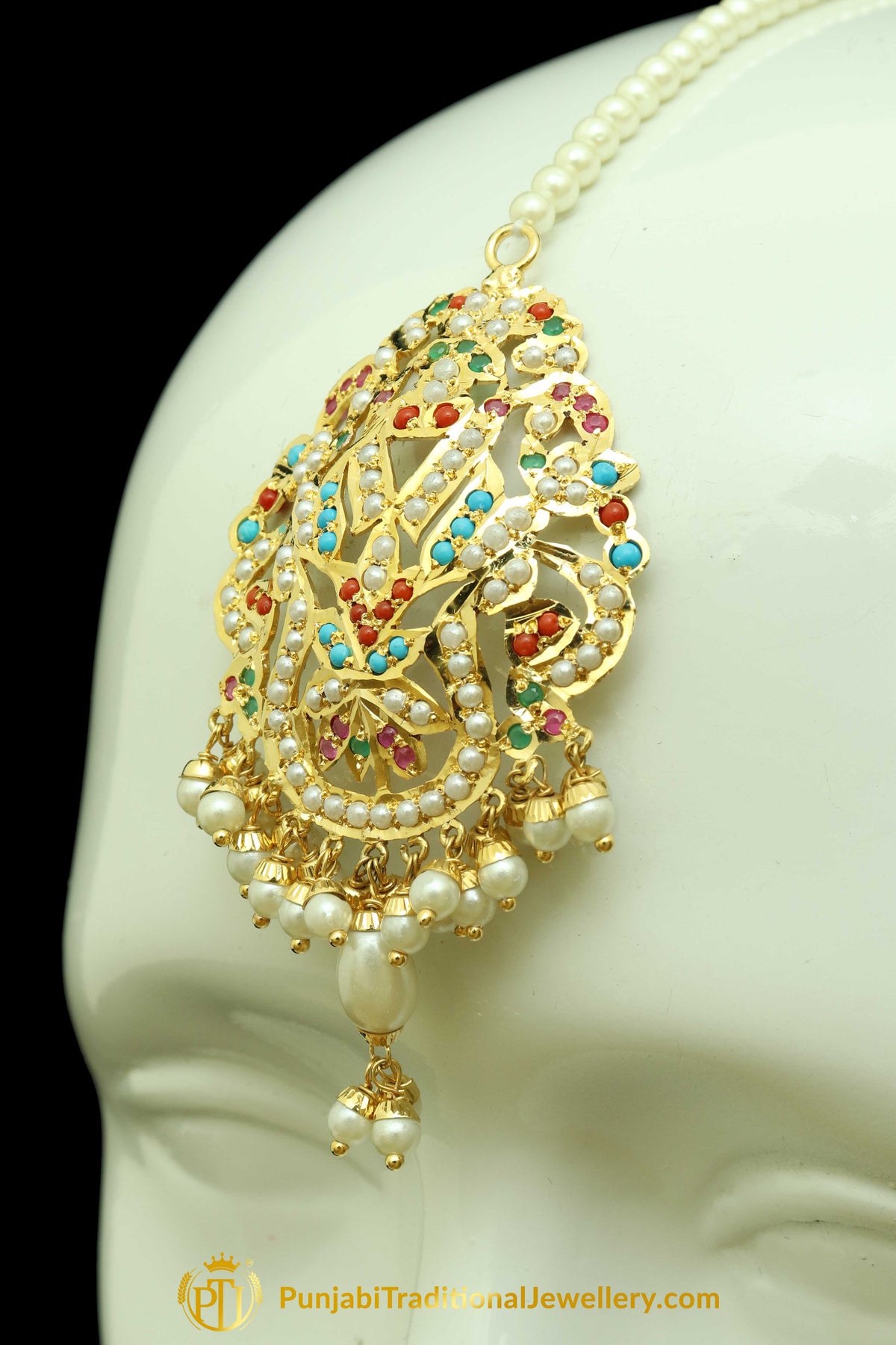 Gold Finished Navratan Jadau Earring Tikka Set By Punjabi Traditional Jewellery