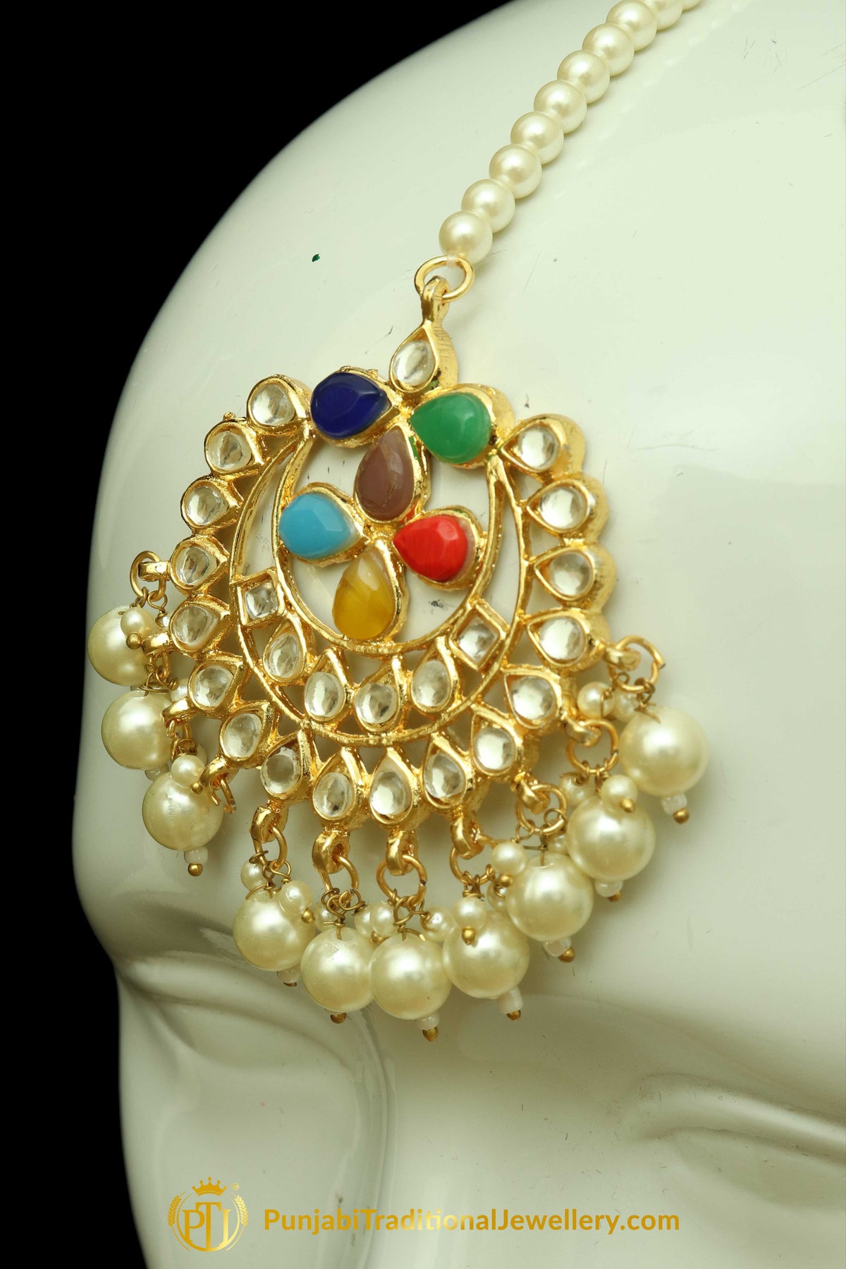 Multi Kundan Stud Earrings & Tikka Set By Punjabi Traditional Jewellery