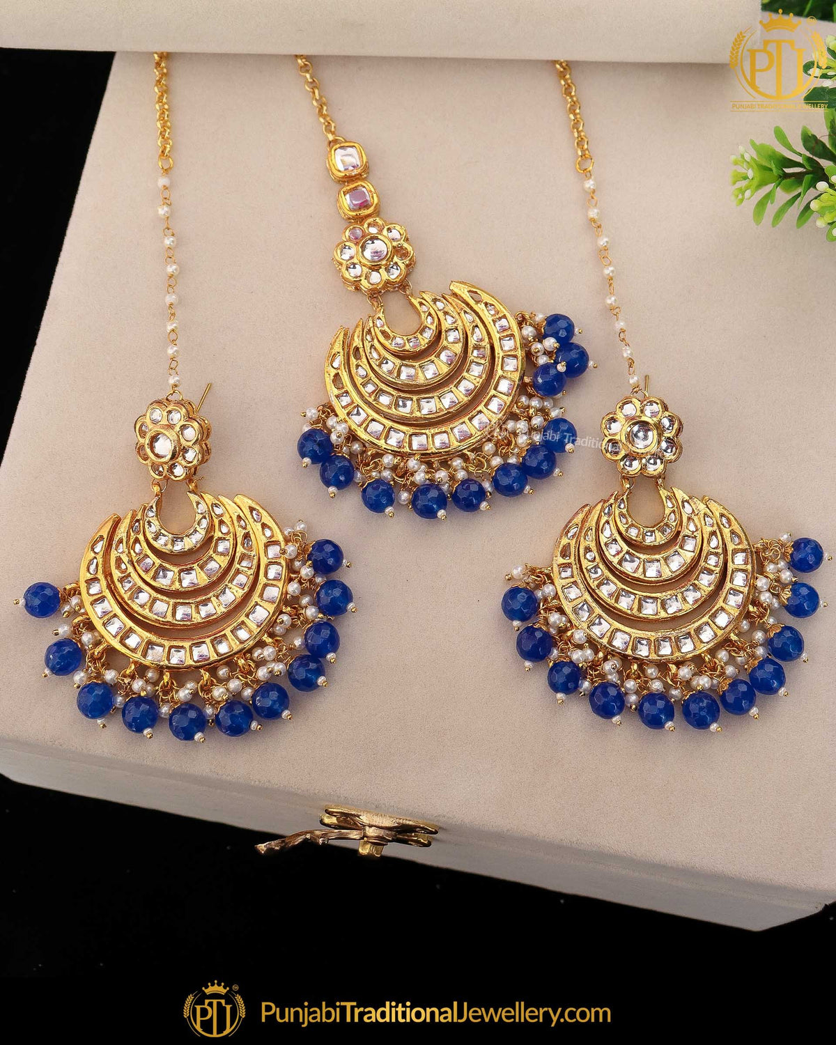 Gold Finished Blue Kundan Earring Tikka Set | Punjabi Traditional Jewellery Exclusive