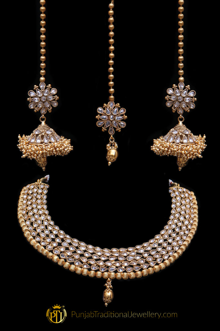 Gold Plated Polki Choker Necklace Set With Sahare Earrings By Punjabi Traditional Jewellery