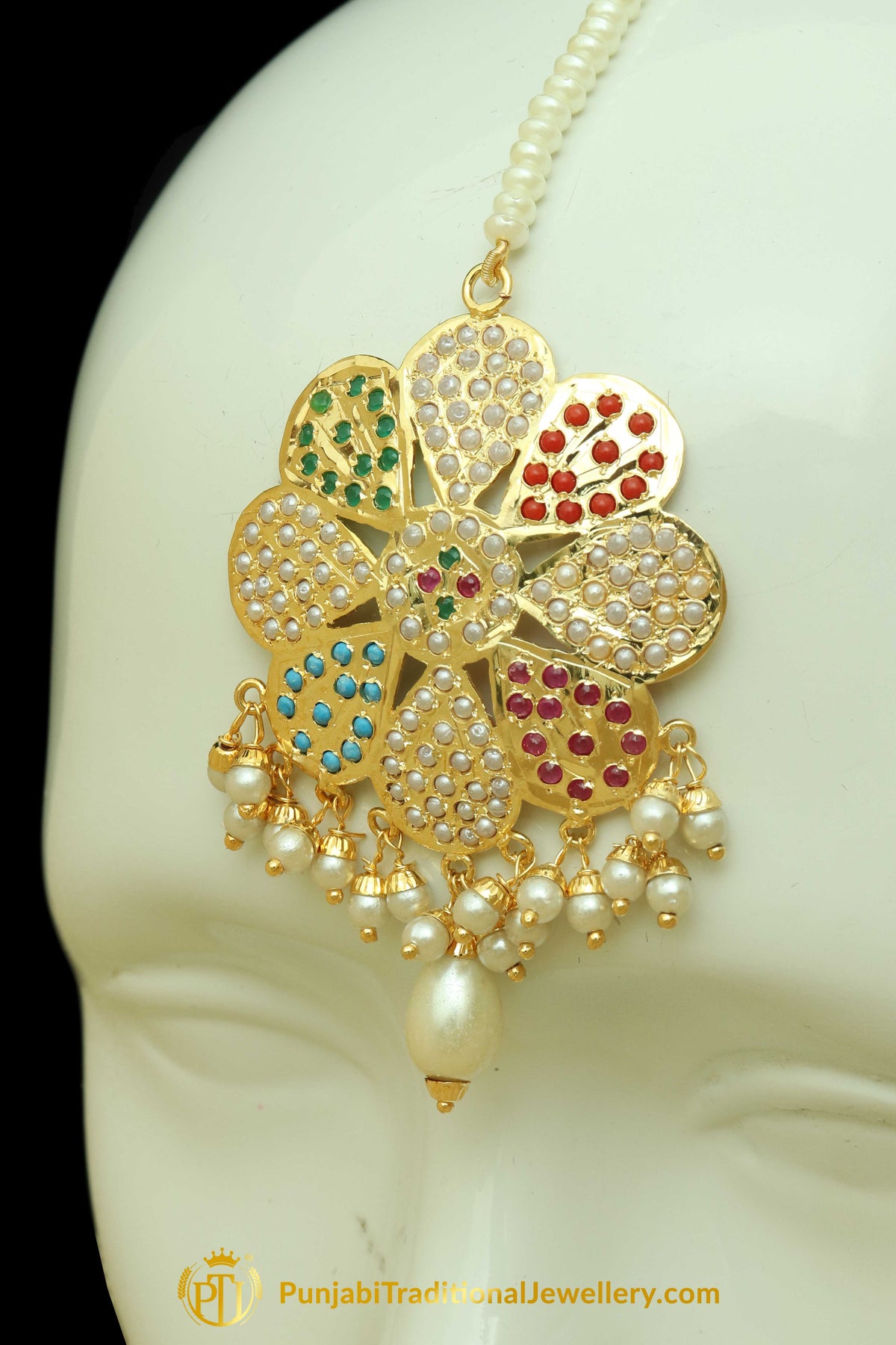 Multi Jadau Pearl Jhumki Earrings & Tikka Set By Punjabi Traditional Jewellery