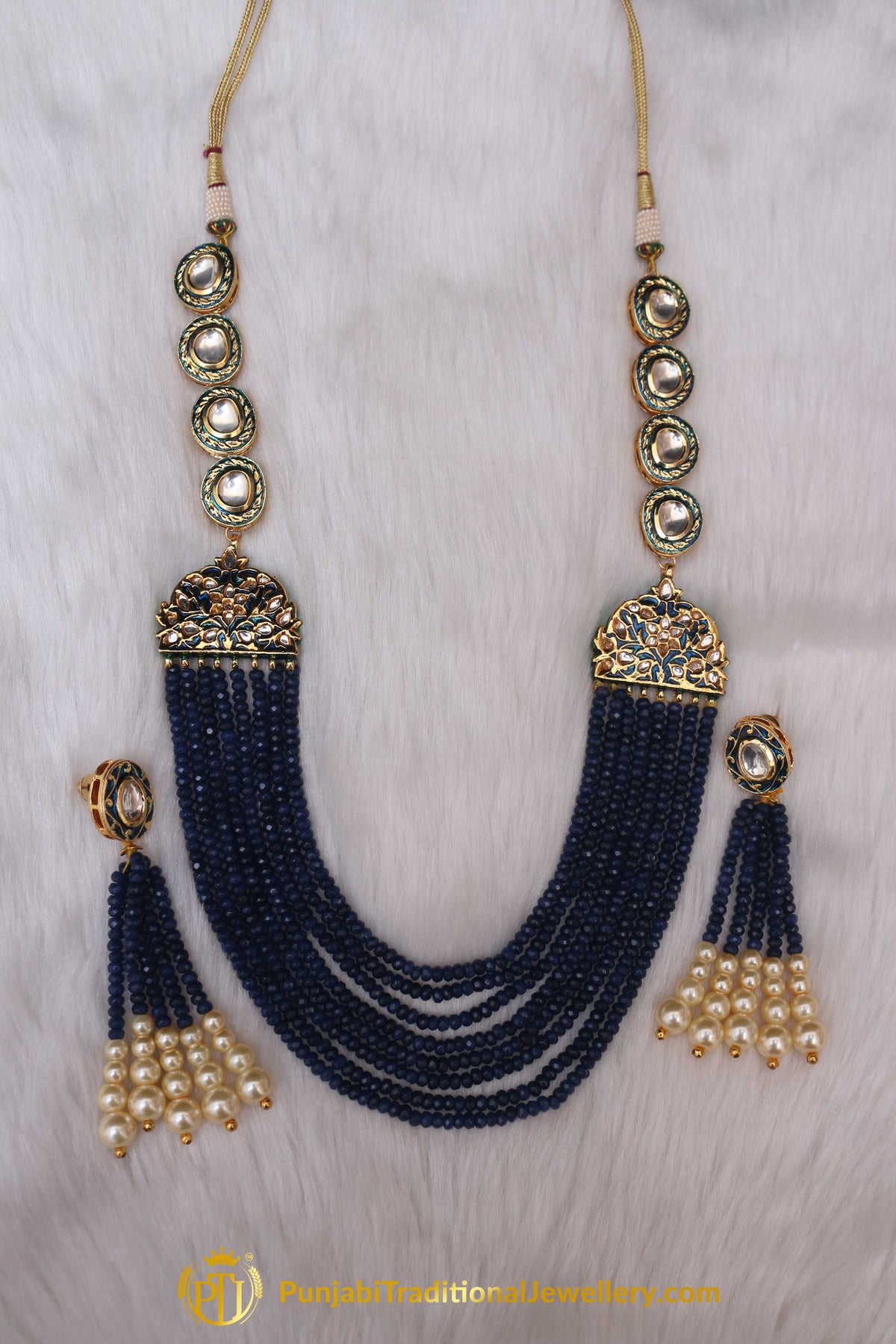 Blue Kundan Mala Meena Necklace Set By Punjabi Traditional Jewellery