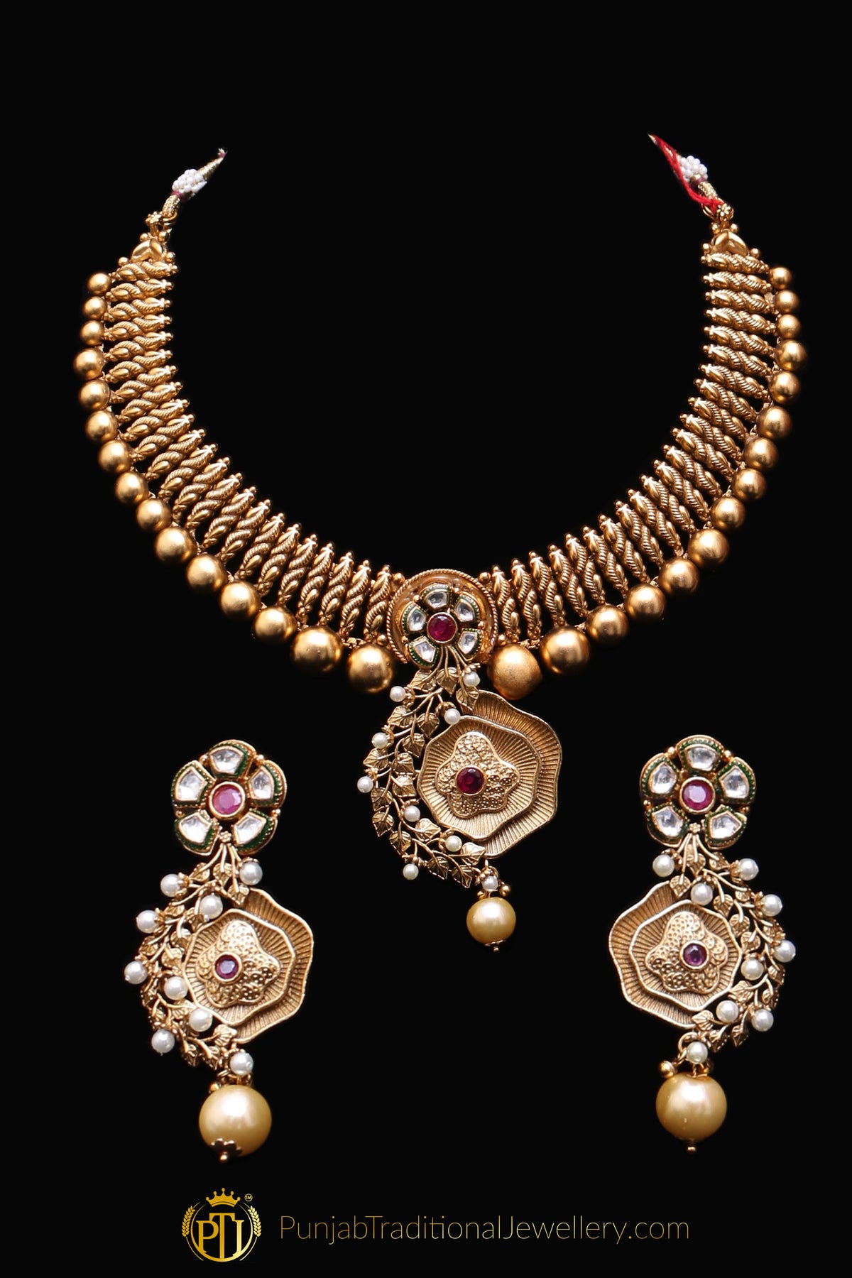 Antique Gold Rubby Necklace Set By Punjabi Traditional Jewellery