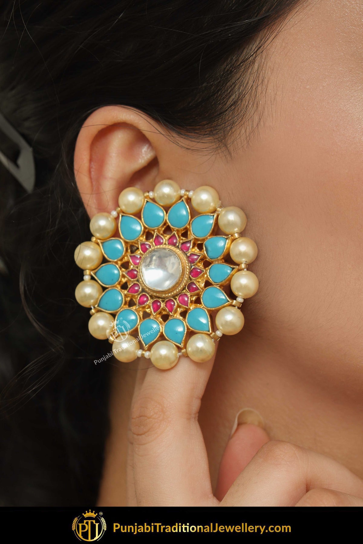 laira Gold Finished Pearl Firozi Stud Earring Tikka Set | Punjabi Traditional Jewellery Exclusive