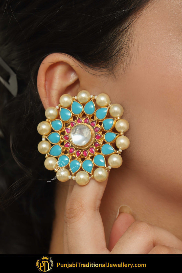 laira Gold Finished Pearl Firozi Stud Earring Tikka Set | Punjabi Traditional Jewellery Exclusive