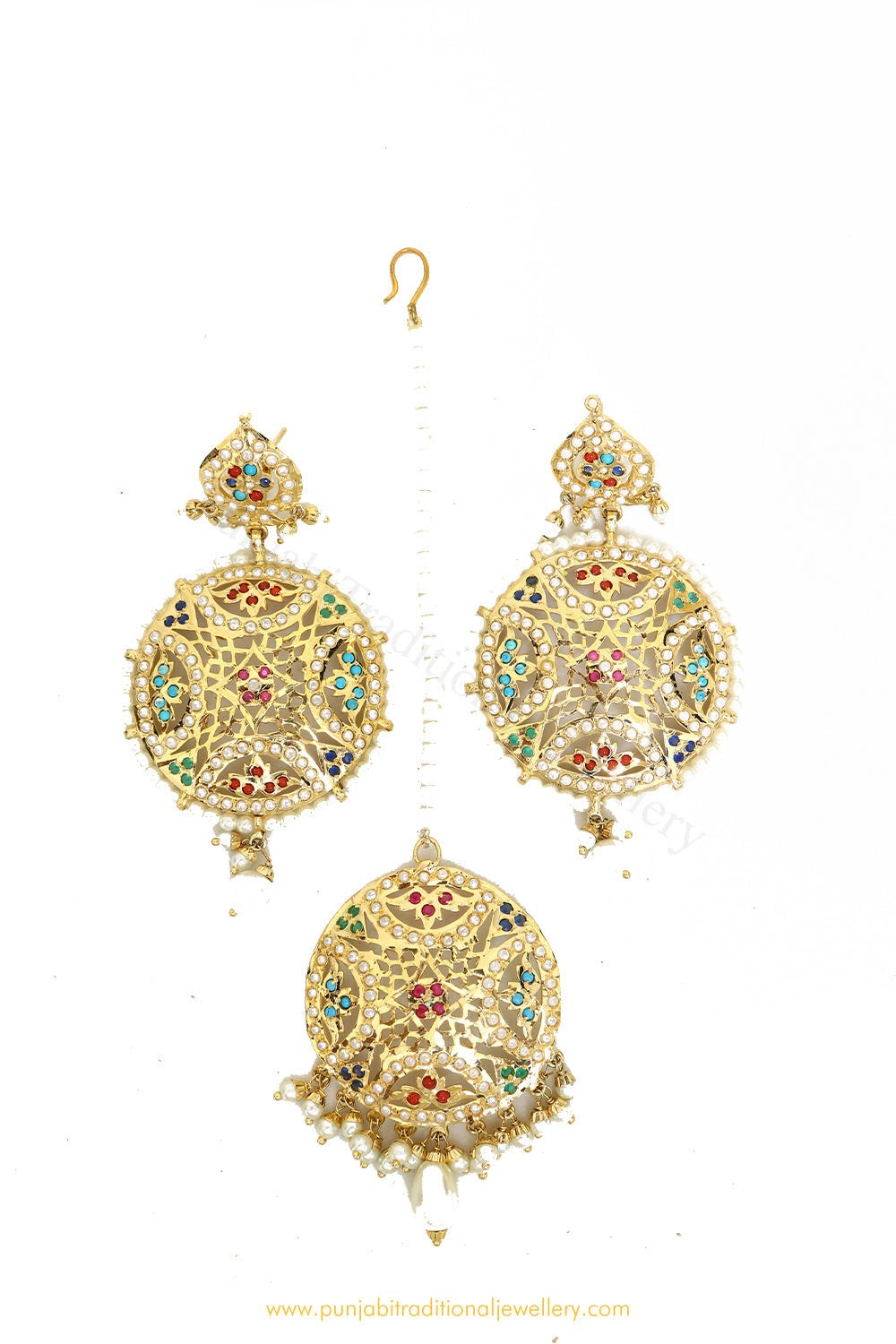 Gold Finished Navratan Jadau Earring Tikka Set By PTJ