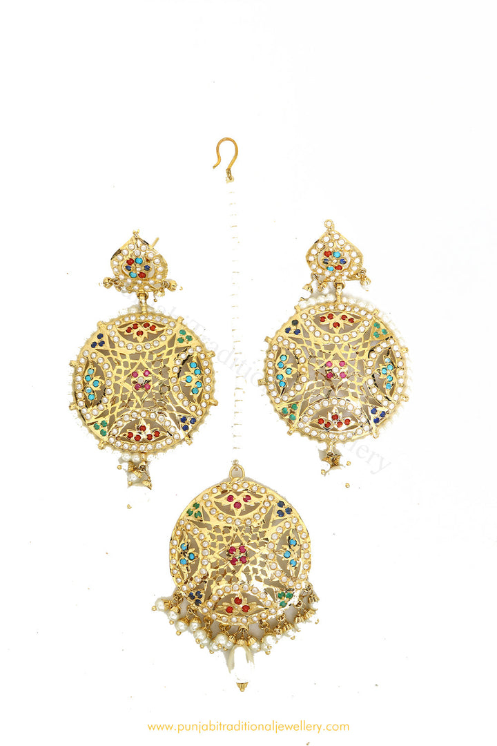Gold Finished Navratan Jadau Earring Tikka Set By PTJ