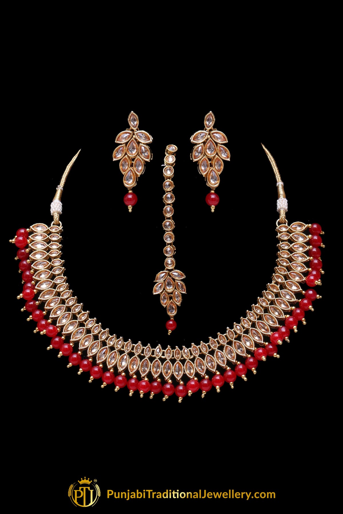 Red Champagne Stone Necklace Set By Punjabi Taditional Jewellery