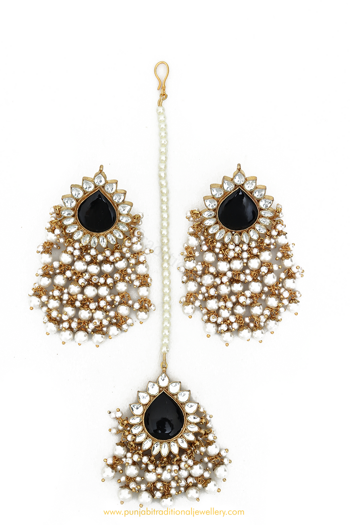 Gold Finished Black Kundan Earring Tikka Set By PTJ