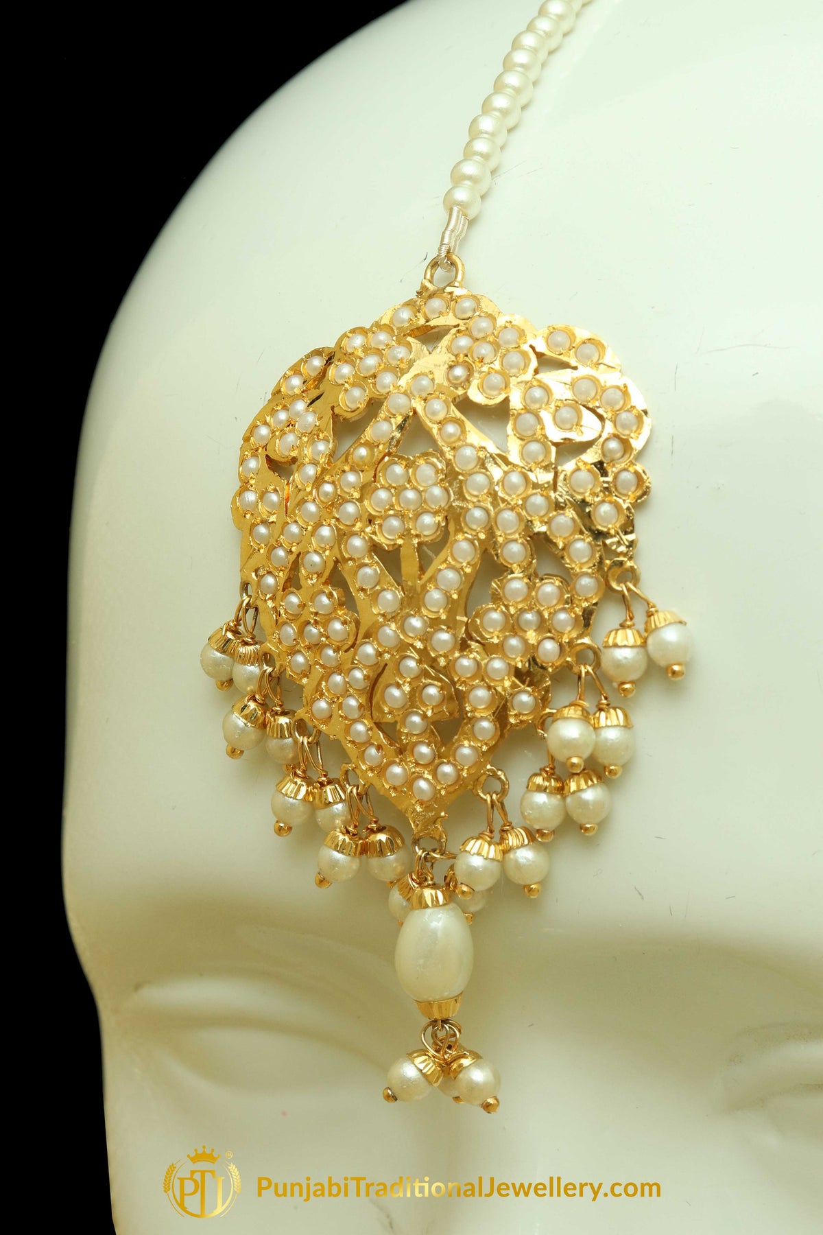 Golden Jadau Pearl Earring Tikka Set By Punjabi Traditional Jewellery