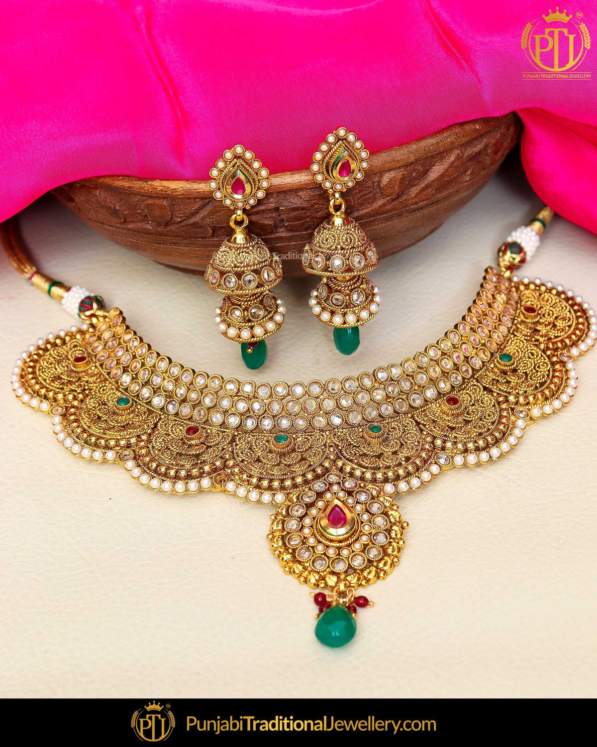 Antique Gold Finished Rubby Emerald Champagne Stone Pearl Johda Necklace Set  | Punjabi Traditional Jewellery Exclusive