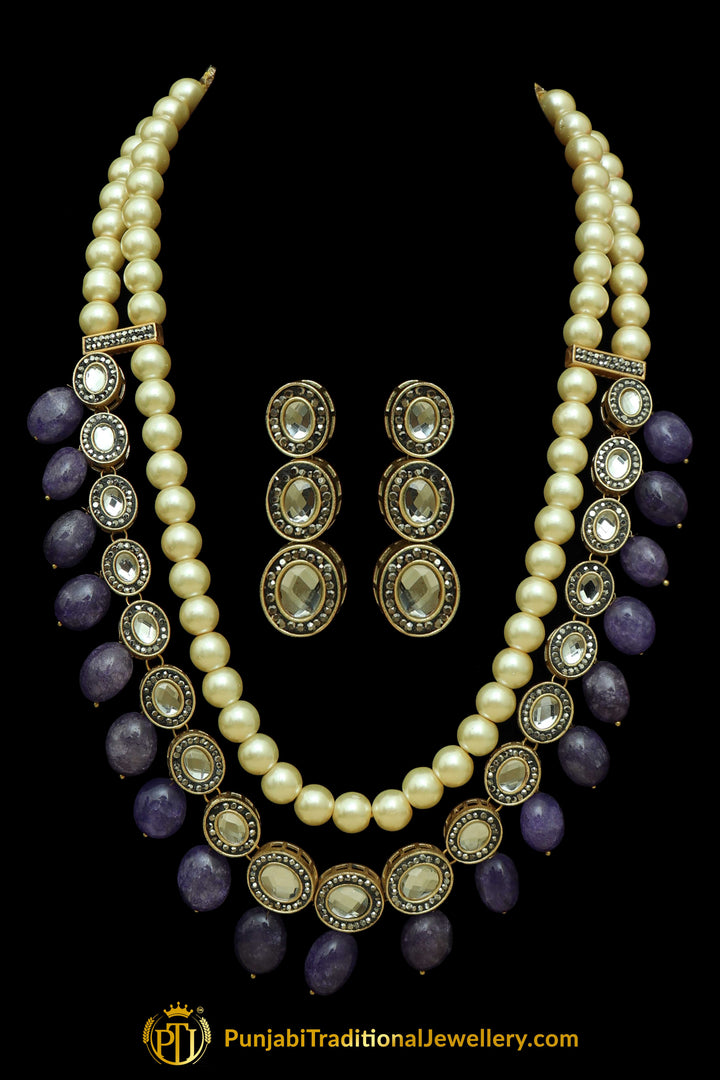 Blue Kundan Mala Necklace Set By Punjabi Traditional Jewellery