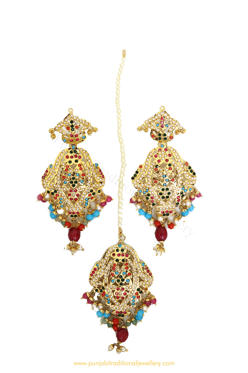 Gold Finished Navratan Jadau Earring Tikka Set By PTJ