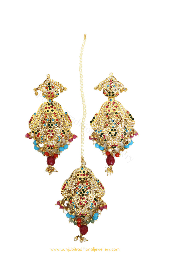 Gold Finished Navratan Jadau Earring Tikka Set By PTJ