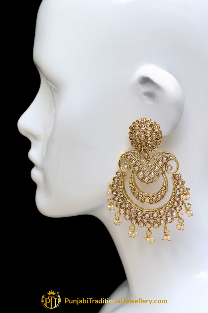 Polki Champagne Stone Earrings By Punjabi Traditional Jewellery