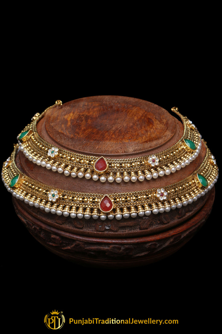 Red &  Green Antique Gold, Polki Payal By Punjabi Traditional Jewellery
