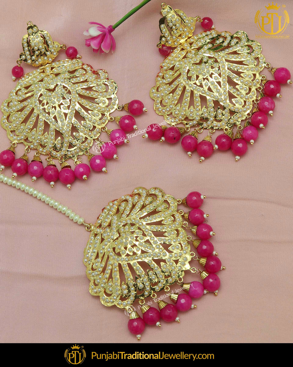 Gold Finished Pink Jadau Pearl Earring Tikka Set | Punjabi Traditional Jewellery Exclusive