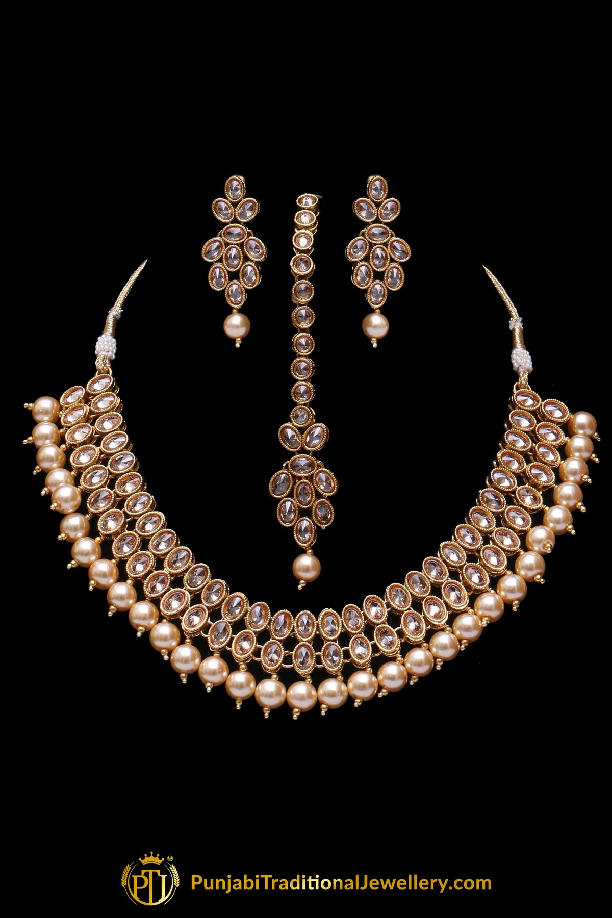 Pearl Champagne Stone Necklace Set By Punjabi Taditional Jewellery