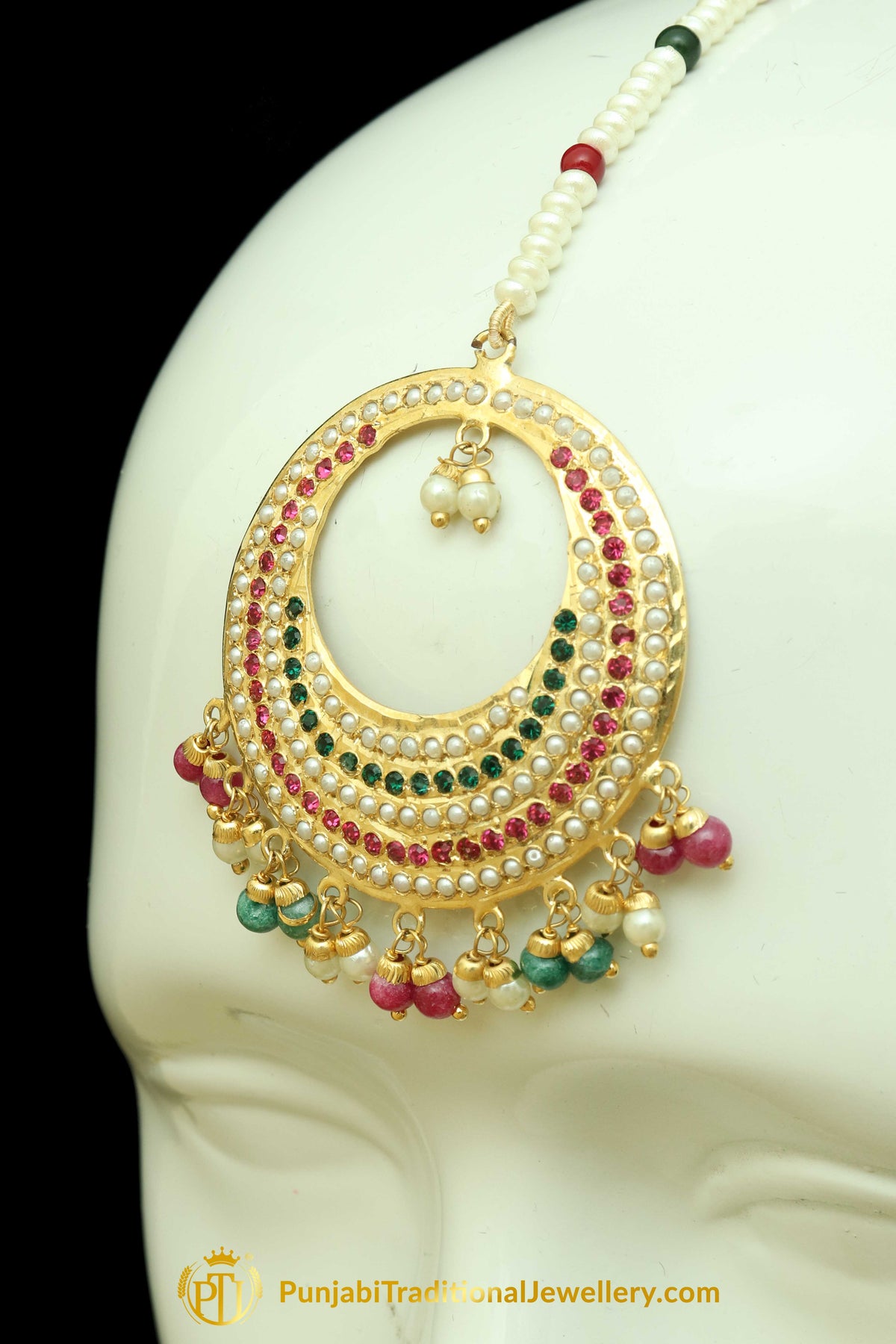 Multi Jadau Pearl Earring Tikka Set By Punjabi Traditional Jewellery