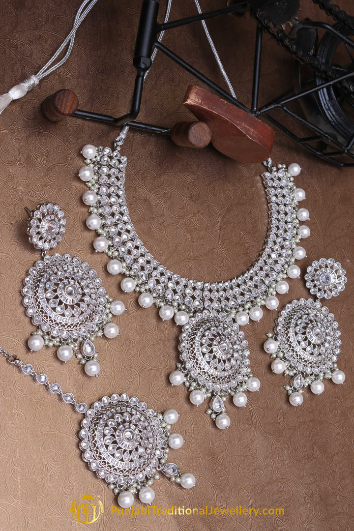 Silver Polki Pearl Necklace Set By Punjabi Traditional Jewellery