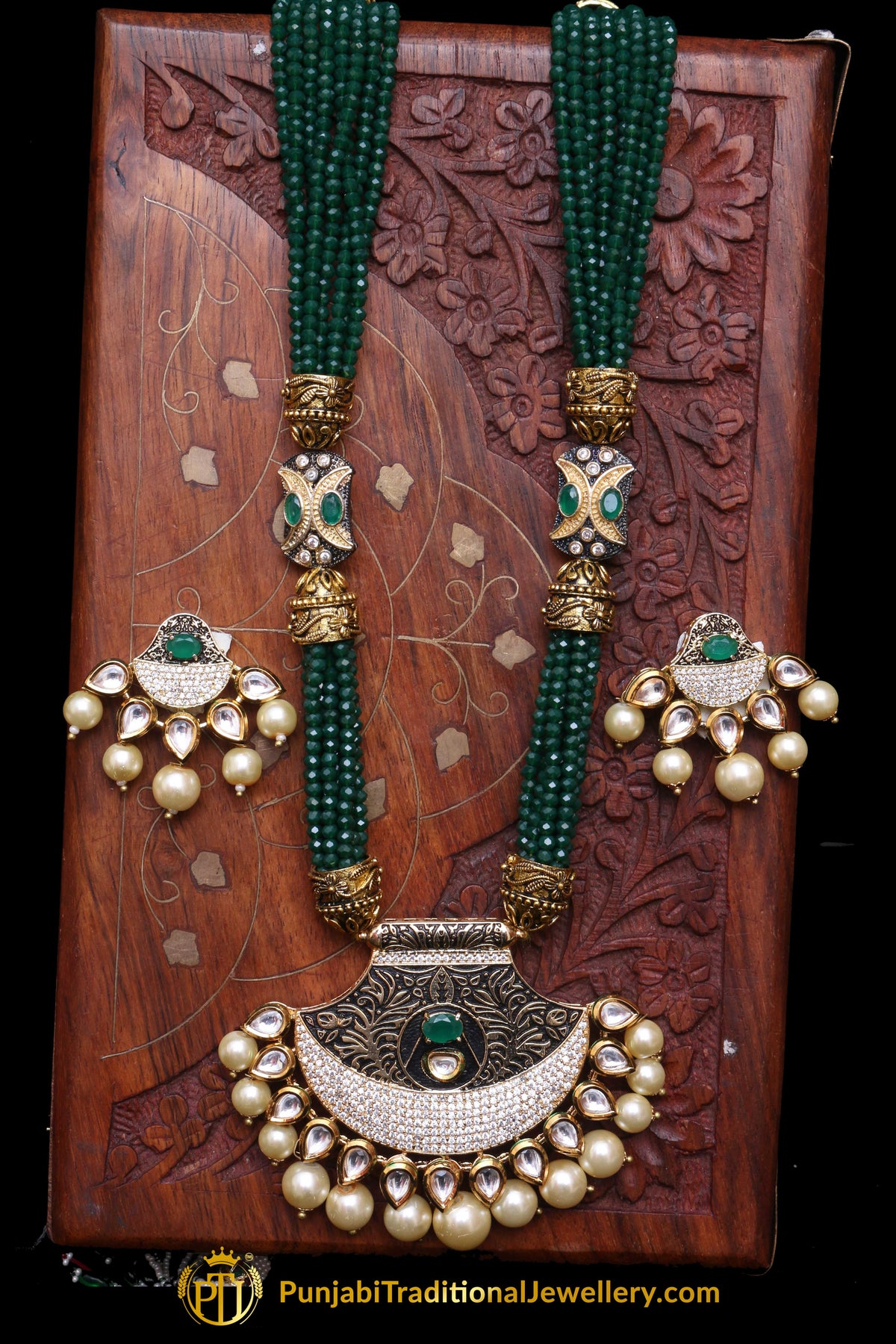 Green Kundan Mala Necklace Set By Punjabi Traditional Jewellery