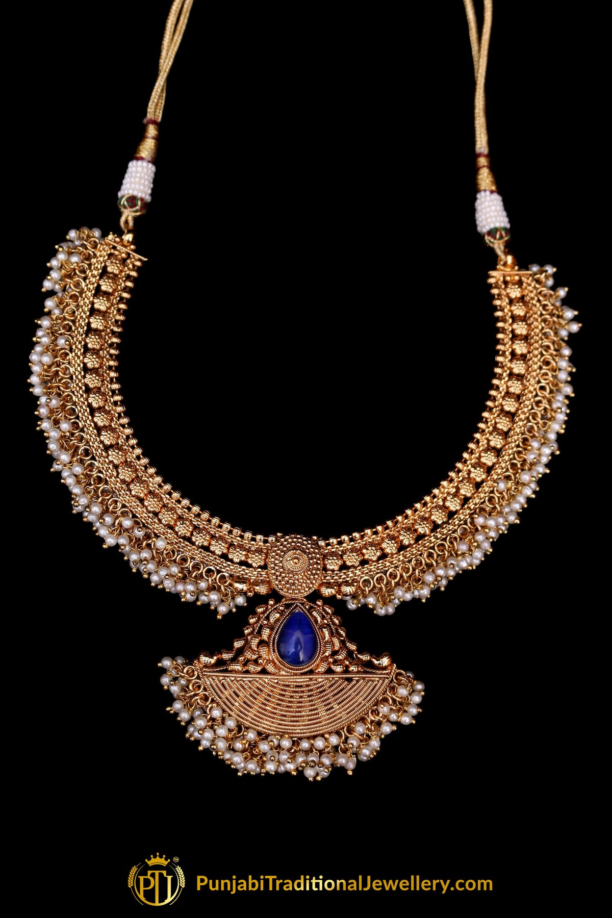 Blue Antique Gold Pearl Necklace Set By Punjabi Traditional Jewellery