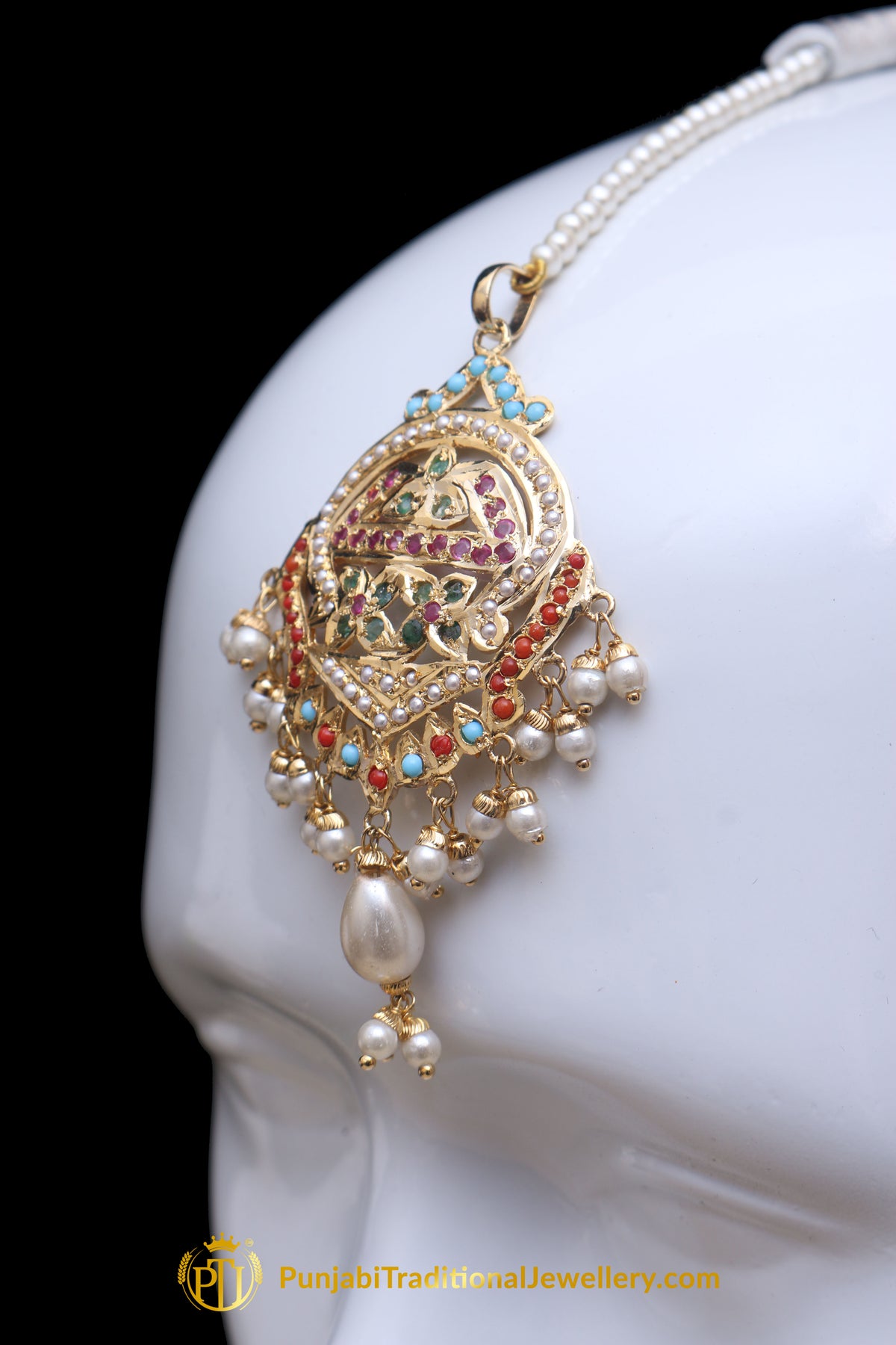 Multi Jadau Pearl Earring Tikka Set By Punjabi Traditional Jewellery