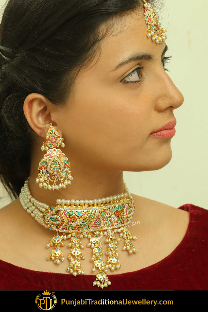 Jehan Gold Finished Navratan Jadau Choker Set, Tikka & Earrings | Punjabi Traditional Jewellery Exclusive