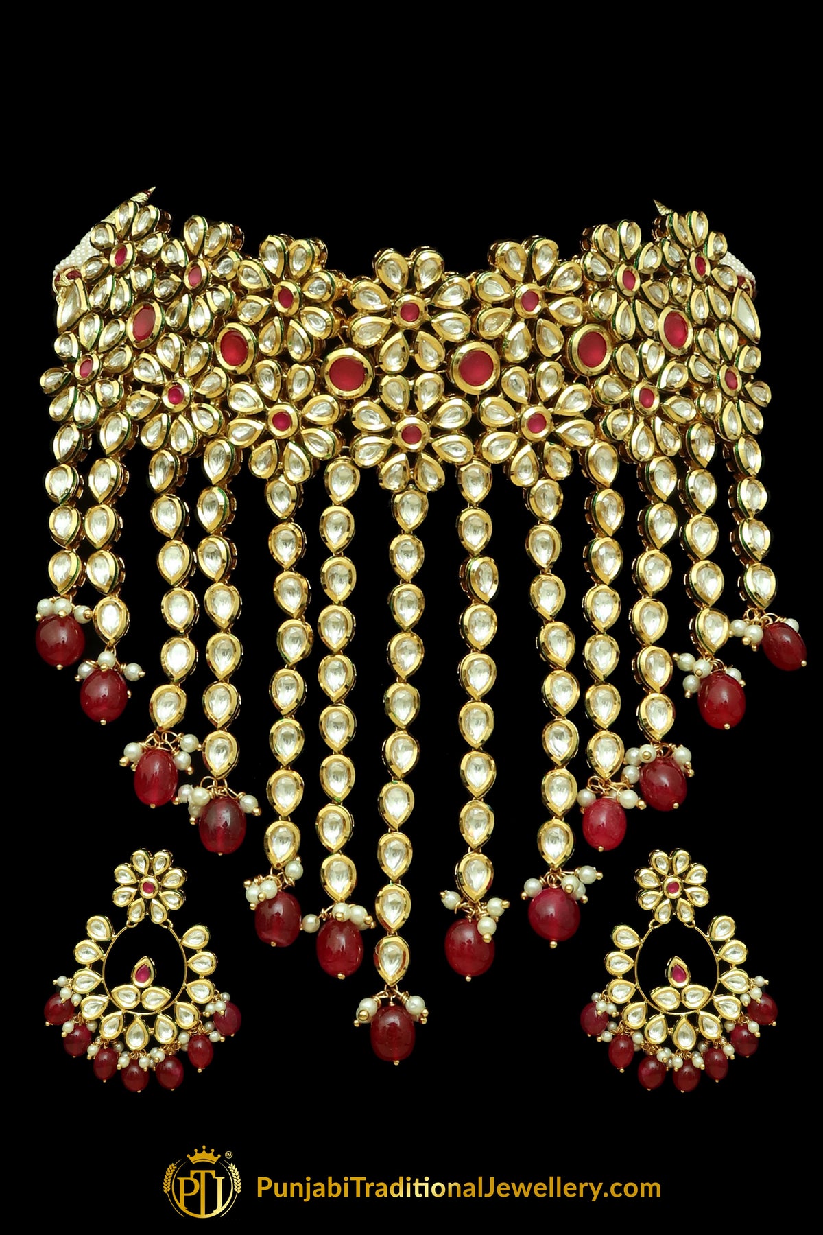 Red Kundan & Pearl Choker Necklace Set By Punjabi Traditional Jewellery