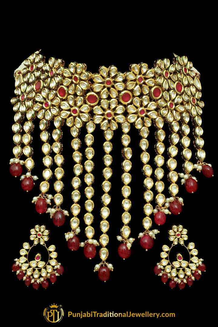 Red Kundan & Pearl Choker Necklace Set By Punjabi Traditional Jewellery