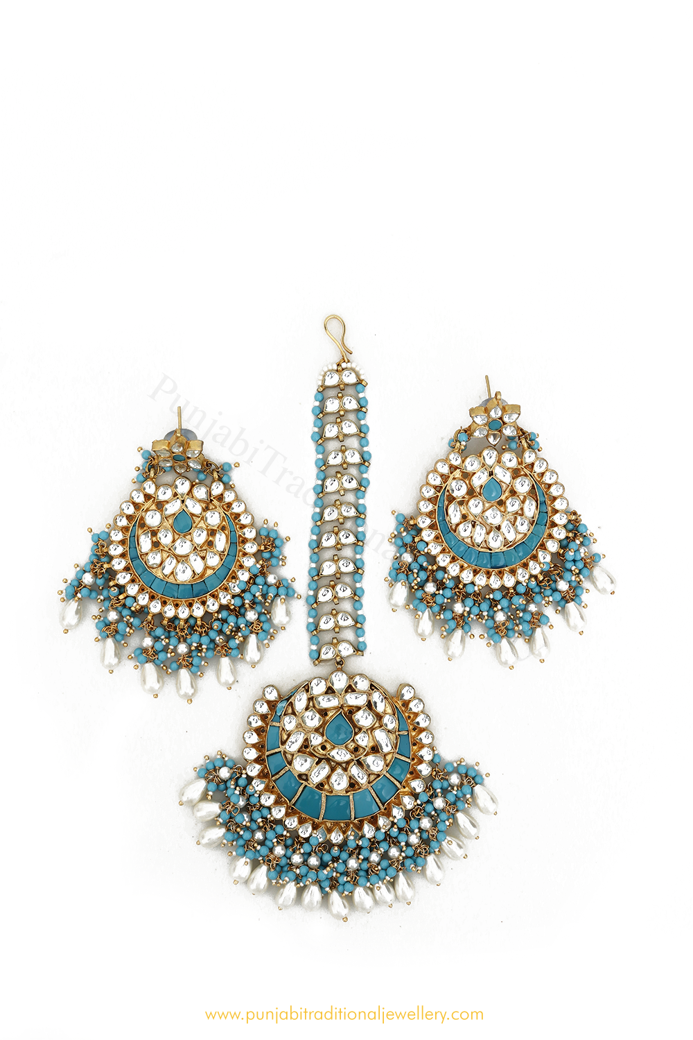 Gold Finished Firoza Kundan Earring Tikka Set By PTJ