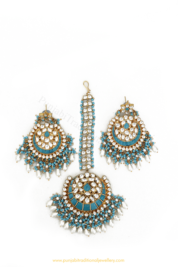 Gold Finished Firoza Kundan Earring Tikka Set By PTJ