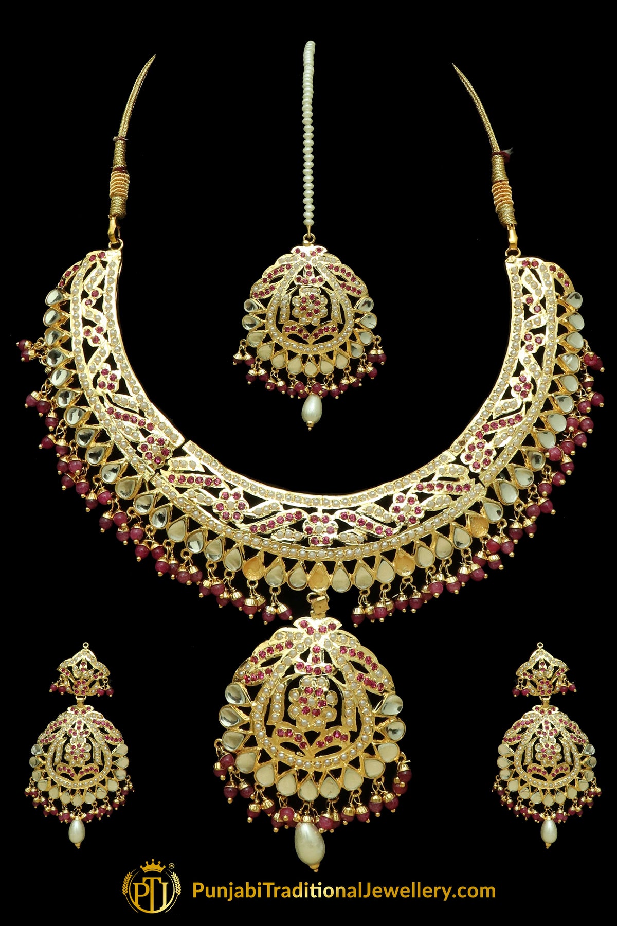 Red Kundan Jadau Necklace Set By Punjabi Traditional Jewellery